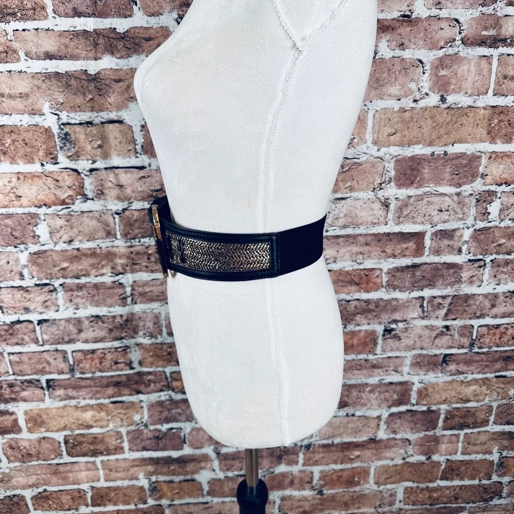 Bebe Womens Wide Waist Belt Black Gold Metallic Woven w/Black Buckle Size P S